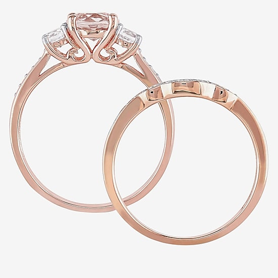 Genuine Morganite, Lab Created White Sapphire & 1/7 CT. T.W. Diamond 10K Rose Gold Bridal Set
