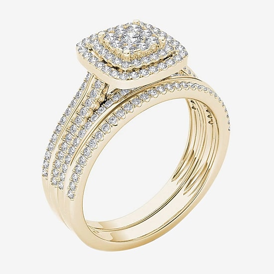 Womens 1/2 CT. T.W. Natural White Diamond 10K Gold Cushion Halo Bridal Set
