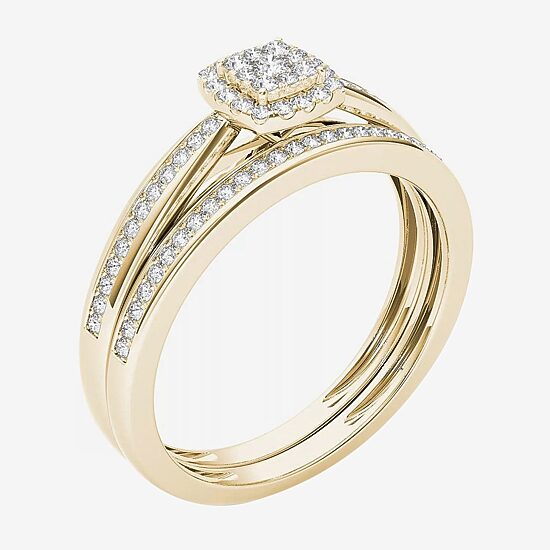 Womens 1/4 CT. T.W. Natural White Diamond 10K Gold Cushion Side Stone Halo Bridal Set