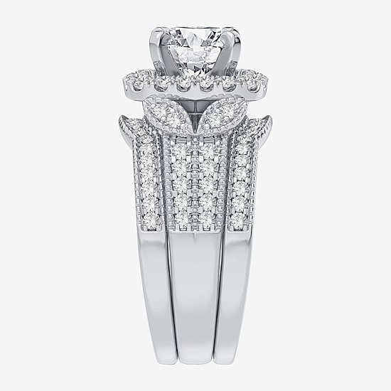 (H-I / Si1-Si2) Womens 3 CT. T.W. Lab Grown White Diamond 14K Gold Cushion Halo Bridal Set