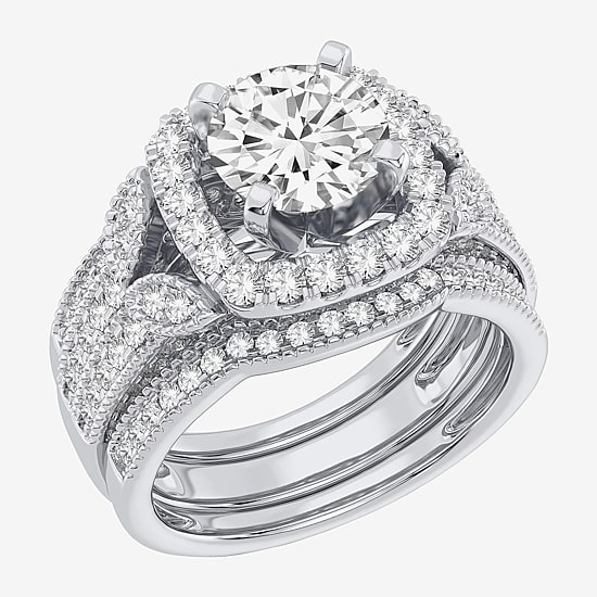 (H-I / Si1-Si2) Womens 3 CT. T.W. Lab Grown White Diamond 14K Gold Cushion Halo Bridal Set