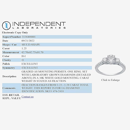 (H-I / I1) Womens 1 1/4 CT. T.W. Lab Grown White Diamond 10K Gold Round Side Stone 3-Stone Engagement Ring