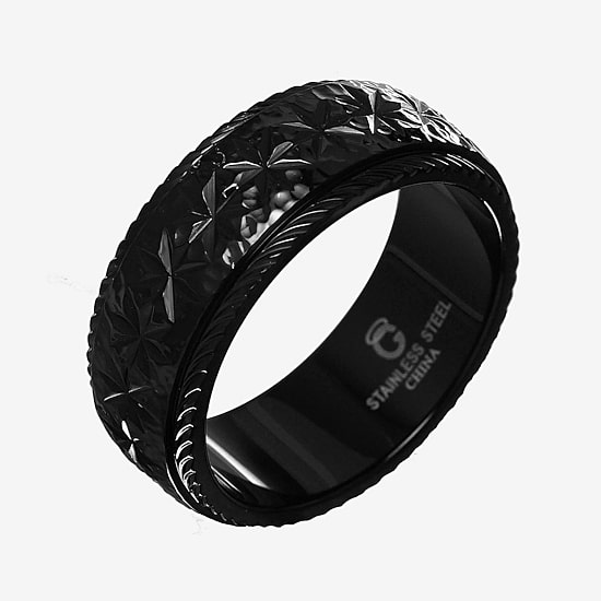 Mens Black Stainless Steel Textured 8mm Wedding Band