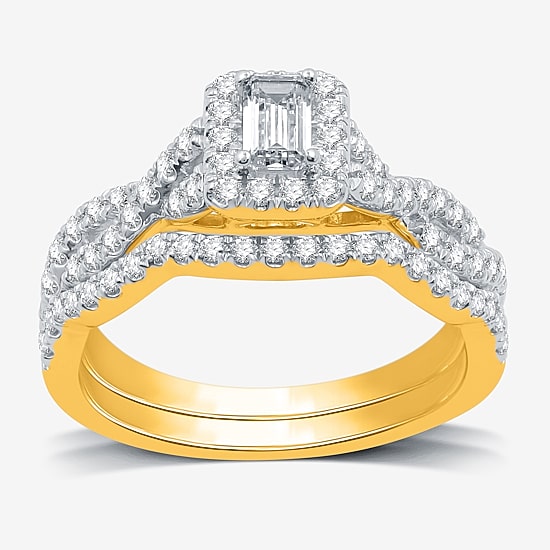 I Said Yes (H-I / I1) Womens 1 CT. T.W. Lab Grown White Diamond Sterling Silver or 14K Gold Over Silver Side Stone Halo Bridal Set