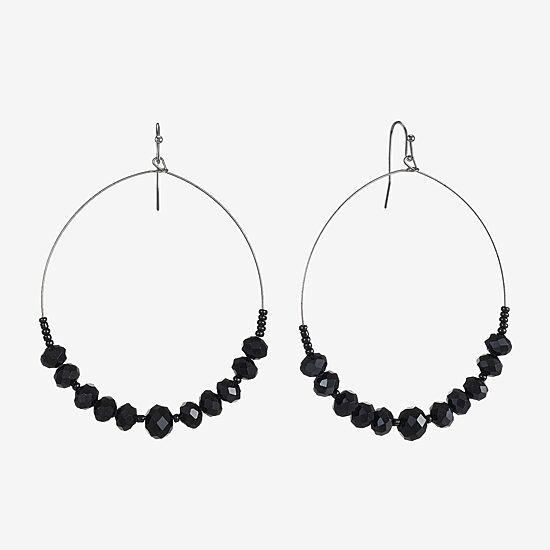 Mixit Grey Toned Jet Black Beaded Womens Black 75mm Hoop Earrings