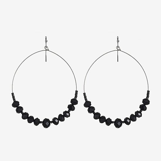 Mixit Grey Toned Jet Black Beaded Womens Black 75mm Hoop Earrings