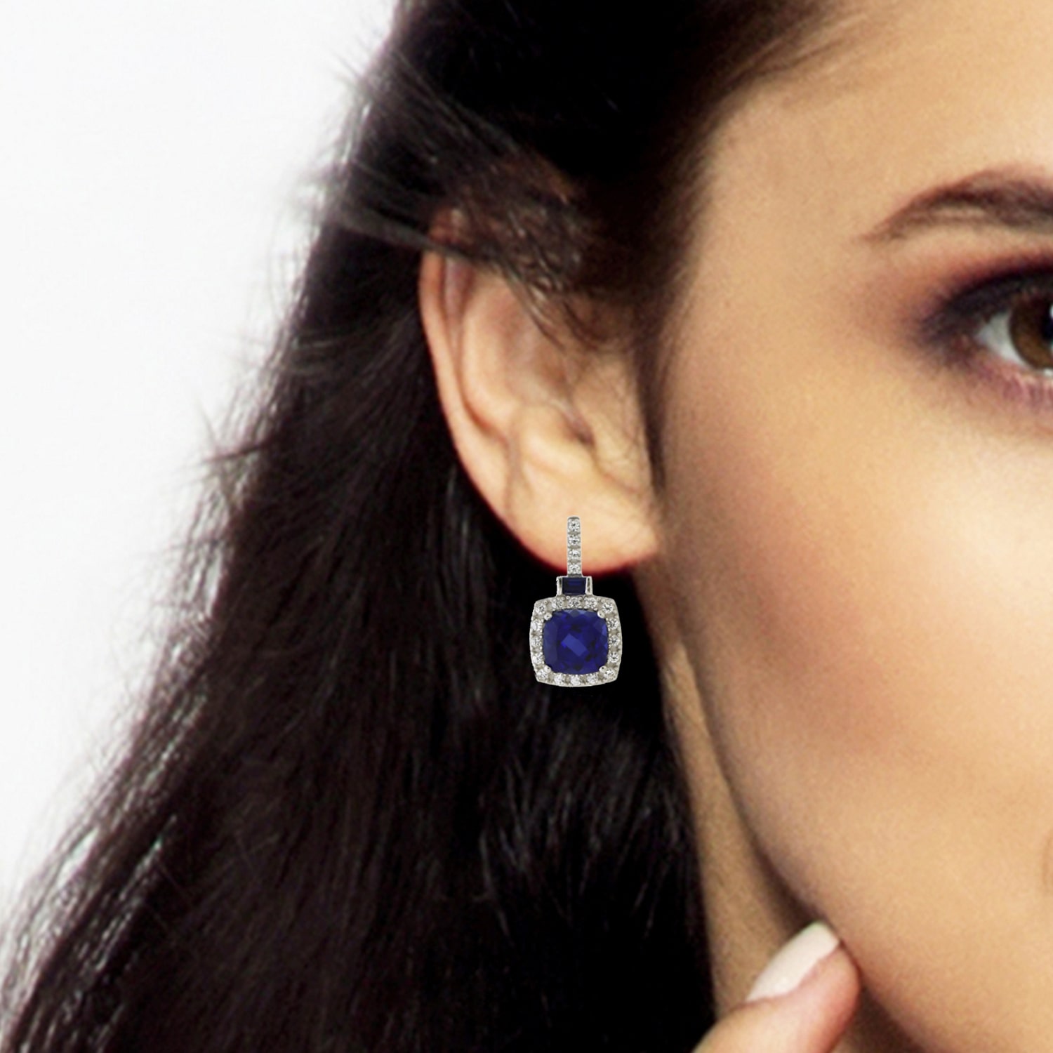 Womens Lab Created Blue Sapphire Sterling Silver Cushion Drop Earrings