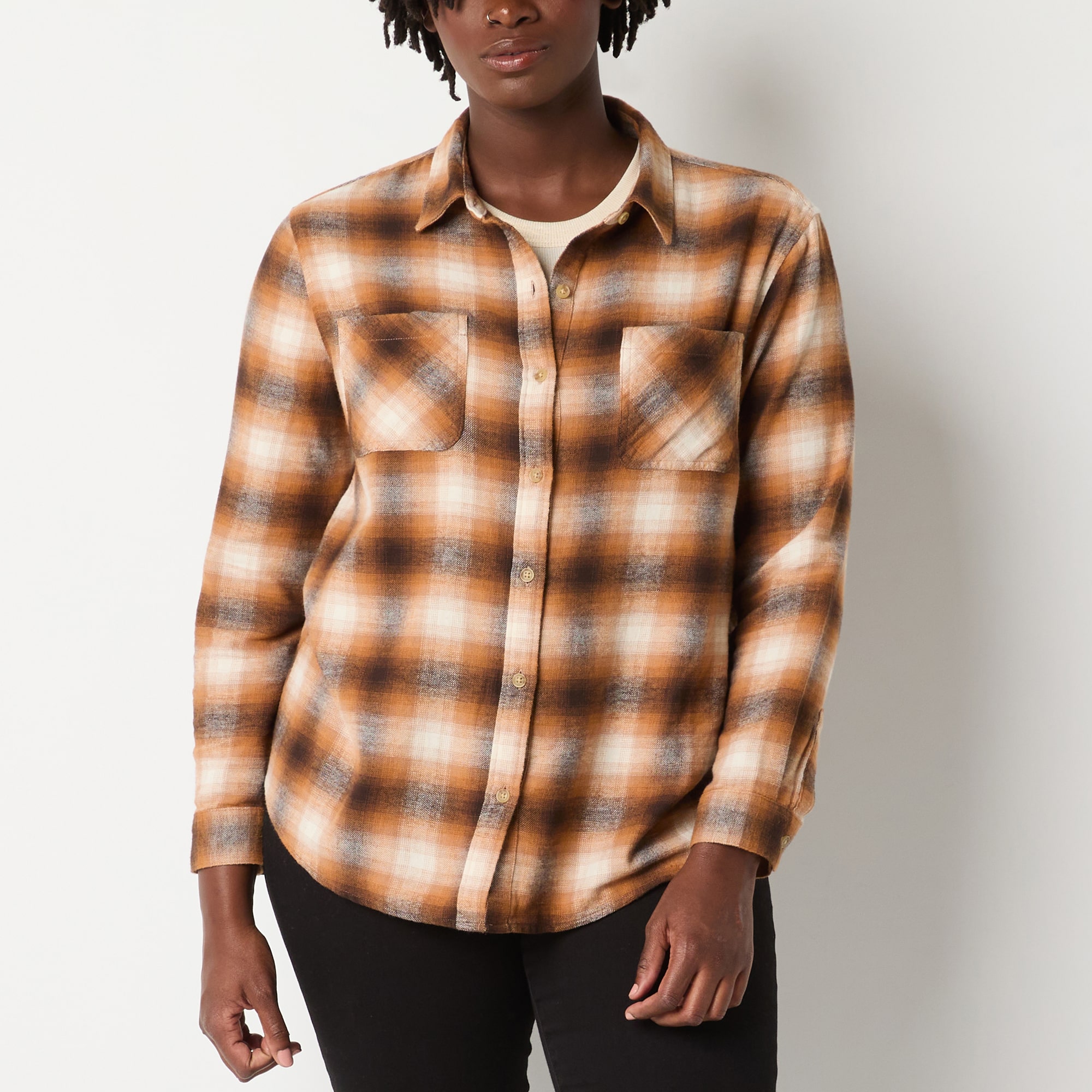 A.N.A Plaid Womens Long Sleeve Blouse