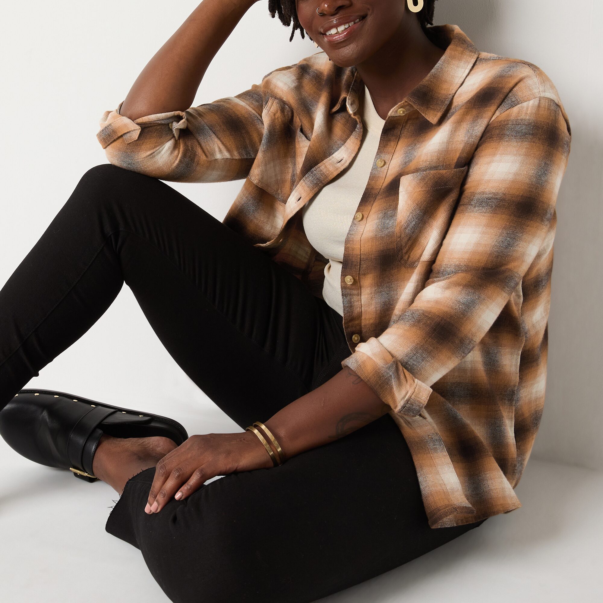A.N.A Plaid Womens Long Sleeve Blouse