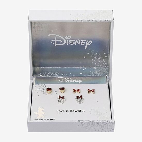 Disney Classics Womens Red Cubic Zirconia 14K Gold Over Brass Bow Minnie Mouse 3 Pair Earring Set