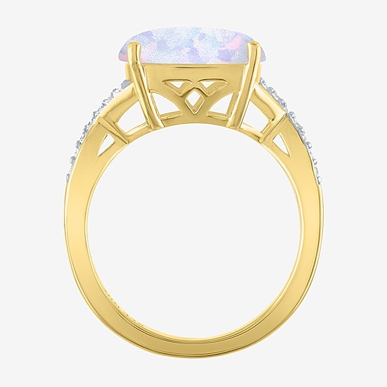 Womens Lab Created White Opal 14K Gold Over Silver Crossover Side Stone Cocktail Ring