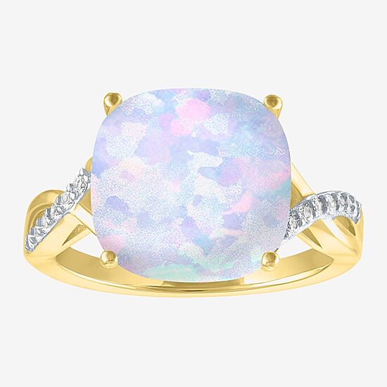 Womens Lab Created White Opal 14K Gold Over Silver Crossover Side Stone Cocktail Ring