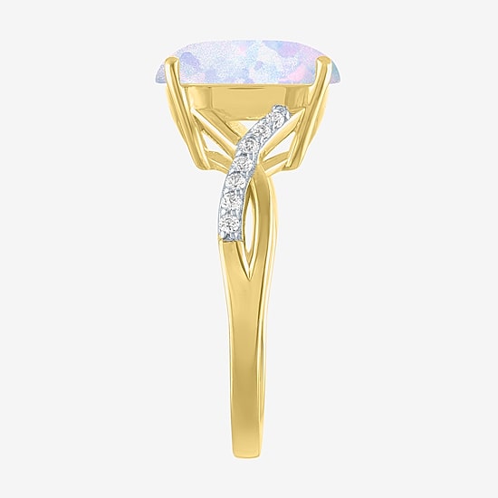 Womens Lab Created White Opal 14K Gold Over Silver Crossover Side Stone Cocktail Ring