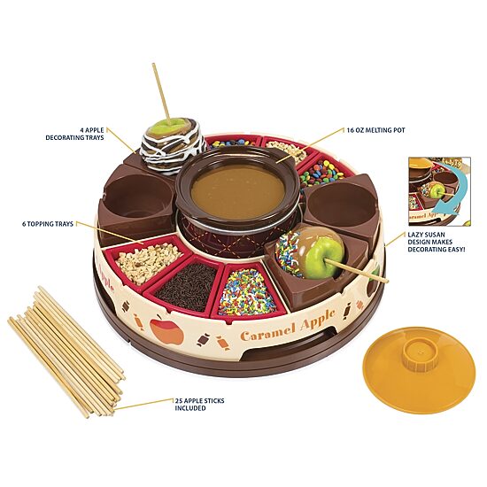 Nostalgia Lazy Susan Chocolate & Caramel Apple Party with Heated Fondue Pot, 25 Sticks, Decorating and Toppings Trays
