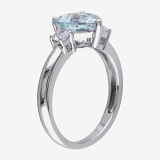 Modern Bride Gemstone Womens Genuine Blue Aquamarine Sterling Silver Heart 3-Stone Engagement Ring