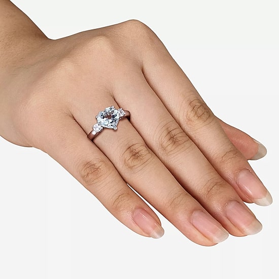 Modern Bride Gemstone Womens Genuine Blue Aquamarine Sterling Silver Heart 3-Stone Engagement Ring