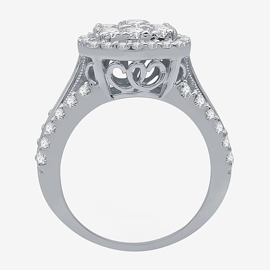 Womens 2 CT. T.W. Natural White Diamond 10K Gold Cushion Side Stone Halo Engagement Ring