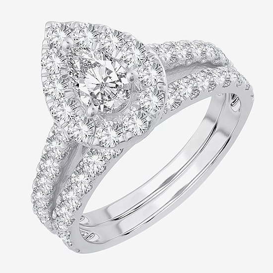 Womens 2 CT. T.W. Natural White Diamond 10K Gold Pear Halo Bridal Set