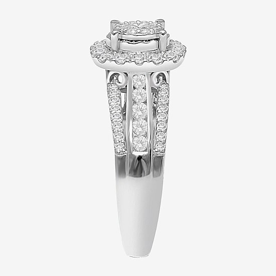 (I / SI2) Womens 1 CT. T.W. Lab Grown White Diamond 10K or 14K White Gold Cushion Side Stone Halo Engagement Ring