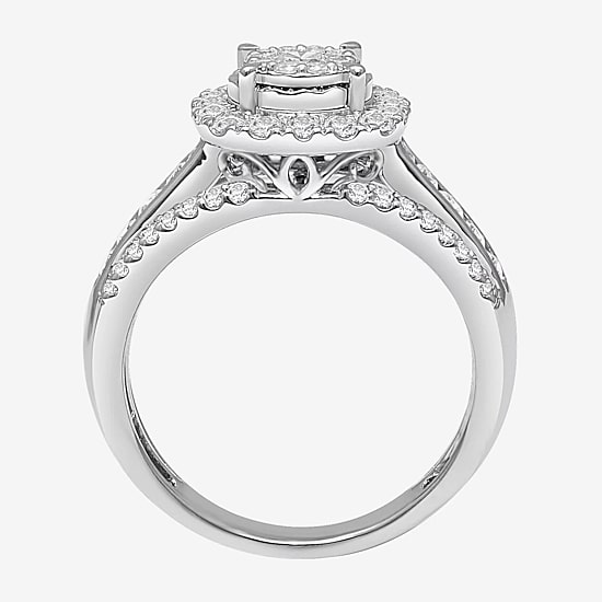 (I / SI2) Womens 1 CT. T.W. Lab Grown White Diamond 10K or 14K White Gold Cushion Side Stone Halo Engagement Ring