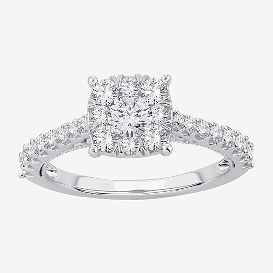 Womens 1 CT. T.W. Natural White Diamond 14K Gold Cushion Side Stone Halo Engagement Ring