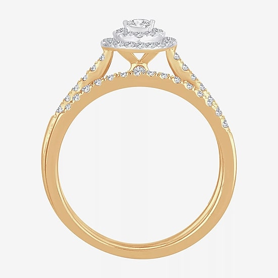 Womens 1/2 CT.T.W. Natural Diamond 10K or 14K Gold Pear Side Stone Halo Bridal Set