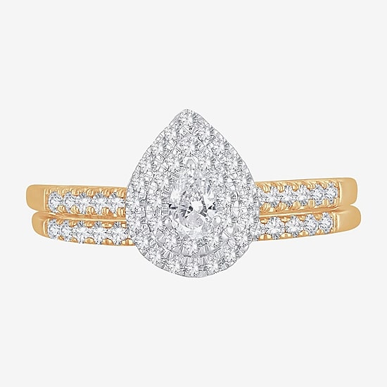Womens 1/2 CT.T.W. Natural Diamond 10K or 14K Gold Pear Side Stone Halo Bridal Set