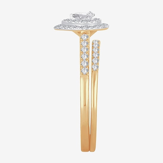 Womens 1/2 CT.T.W. Natural Diamond 10K or 14K Gold Pear Side Stone Halo Bridal Set