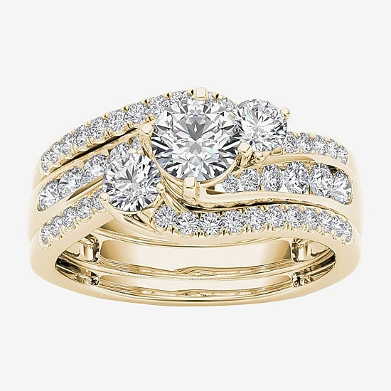 Love Lives Forever Womens 1 1/4 CT. T.W. Natural White Diamond 14K Gold Round 3-Stone Bypass  Bridal Set