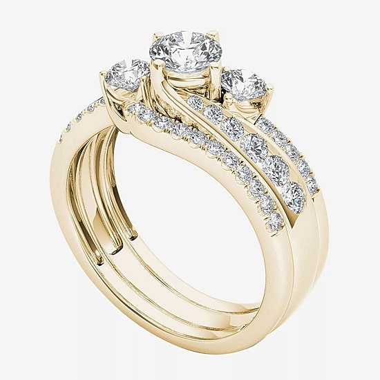 Love Lives Forever Womens 1 1/4 CT. T.W. Natural White Diamond 14K Gold Round 3-Stone Bypass  Bridal Set