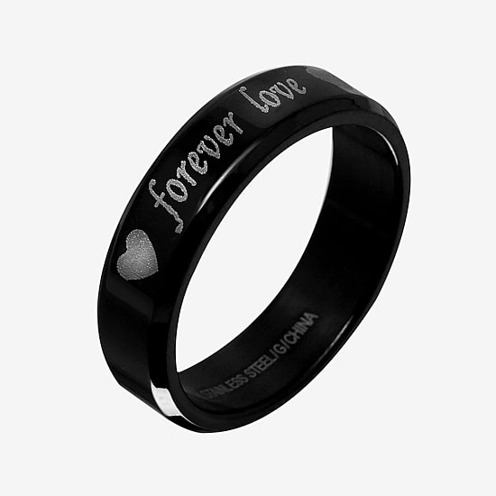Mens Black Stainless Steel "Forever Love" Inscribed Wedding Band
