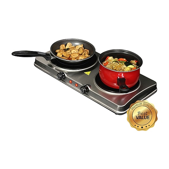 MegaChef Portable 2-Burner Sleek Steel Hot Plate With Temperature Control Electric Burner