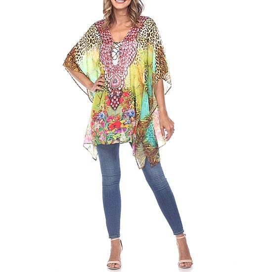 White Mark Womens Split Tie Neck 3/4 Sleeve Tunic Top