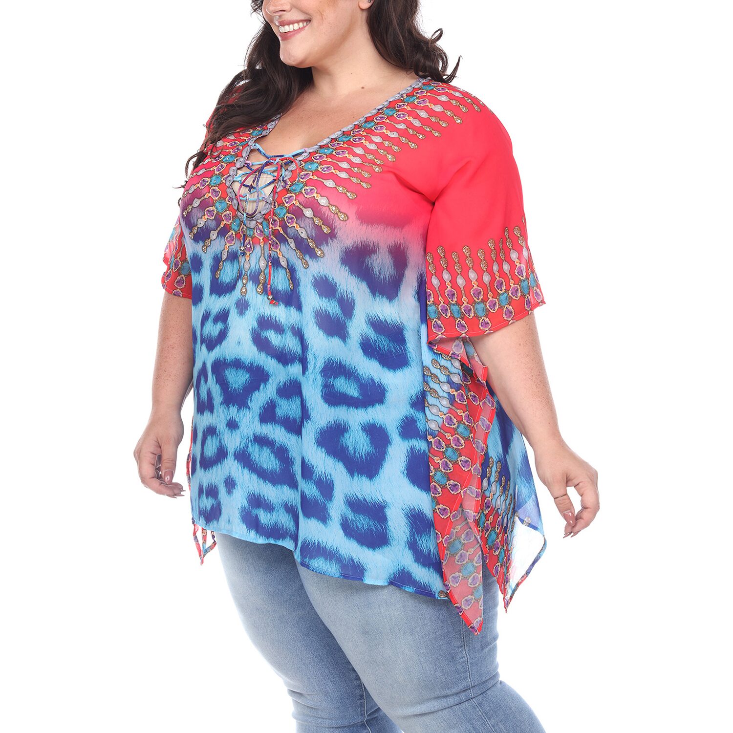 White Mark Plus Womens Split Tie Neck 3/4 Sleeve Tunic Top