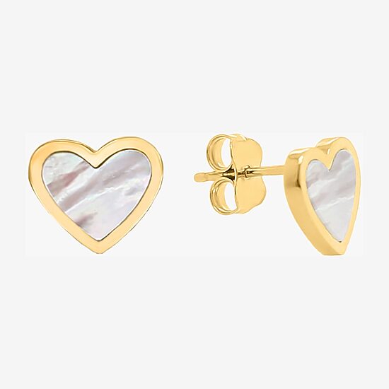 White Mother Of Pearl 14K Gold 9mm Heart Stud Earrings