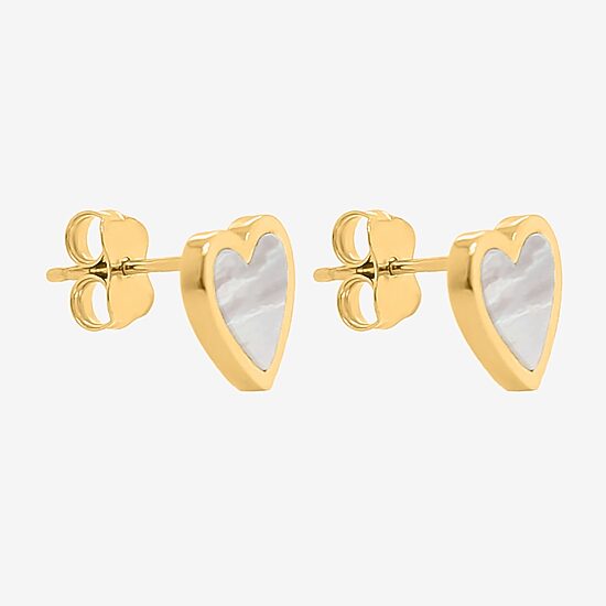 White Mother Of Pearl 14K Gold 9mm Heart Stud Earrings