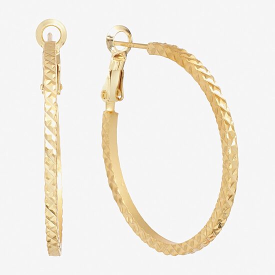 Silver Reflections Textured Womens 24K Gold Over Brass 35mm Hoop Earrings