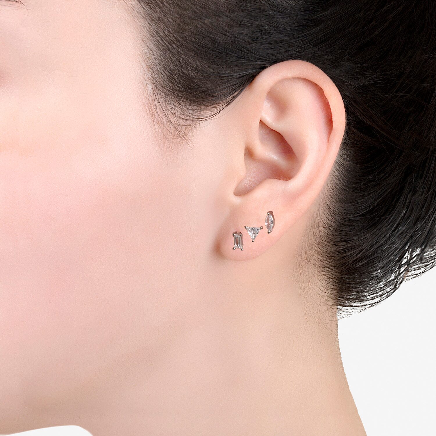 Silver Treasures Stud Womens Cubic Zirconia Sterling Silver Triangle 3 Pair Earring Set