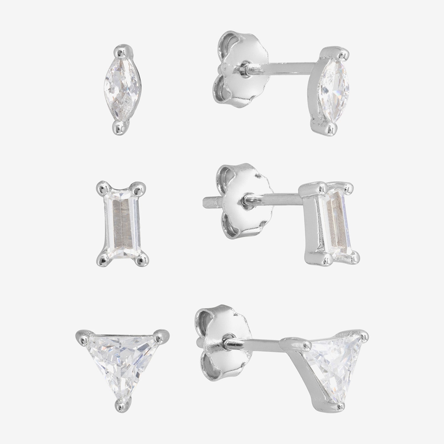 Silver Treasures Stud Womens Cubic Zirconia Sterling Silver Triangle 3 Pair Earring Set