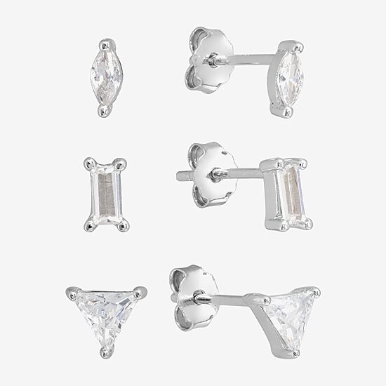 Silver Treasures Stud Womens Cubic Zirconia Sterling Silver Triangle 3 Pair Earring Set