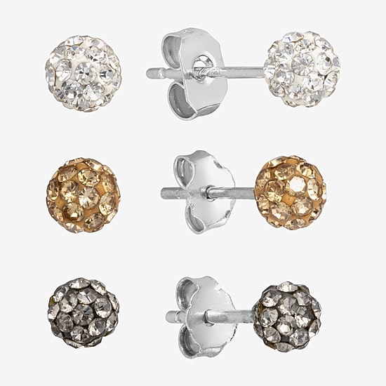 Silver Treasures Stud Womens Multi Color Crystal Sterling Silver 3 Pair Earring Set