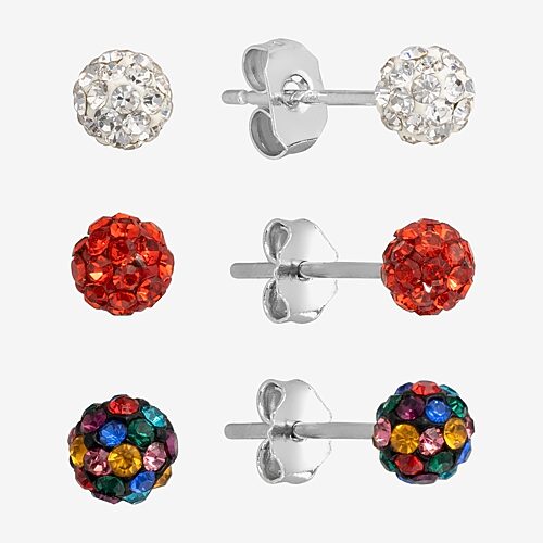 Silver Treasures Stud Womens Multi Color Crystal Sterling Silver 3 Pair Earring Set, One Size