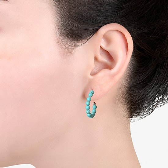 Silver Treasures Genuine Stone Beaded Womens Sterling Silver 24.8mm Hoop Earrings
