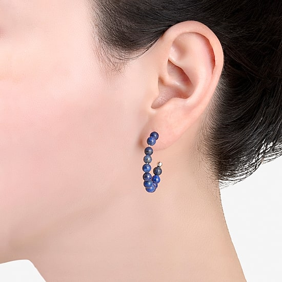 Silver Treasures Genuine Stone Beaded Womens Sterling Silver 24.8mm Hoop Earrings