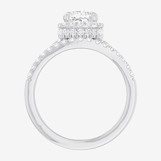 (G-H / Si1-Si2) Womens 1 3/8 CT. T.W. Lab Grown White Diamond 14K Gold Cushion Side Stone Halo Bridal Set