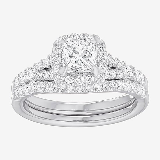 (G-H / Si1-Si2) Womens 1 3/8 CT. T.W. Lab Grown White Diamond 14K Gold Cushion Side Stone Halo Bridal Set