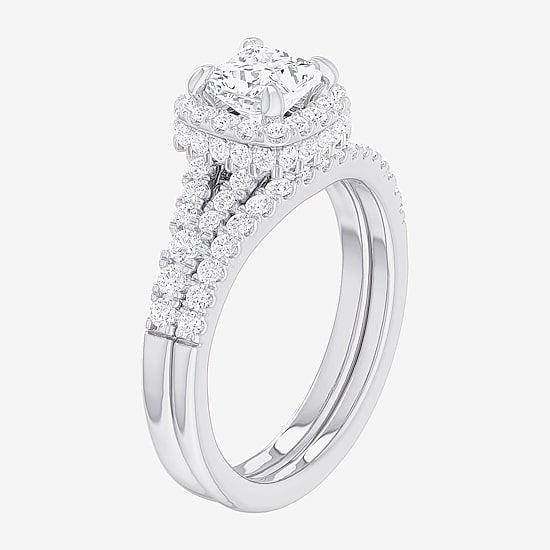 (G-H / Si1-Si2) Womens 1 3/8 CT. T.W. Lab Grown White Diamond 14K Gold Cushion Side Stone Halo Bridal Set
