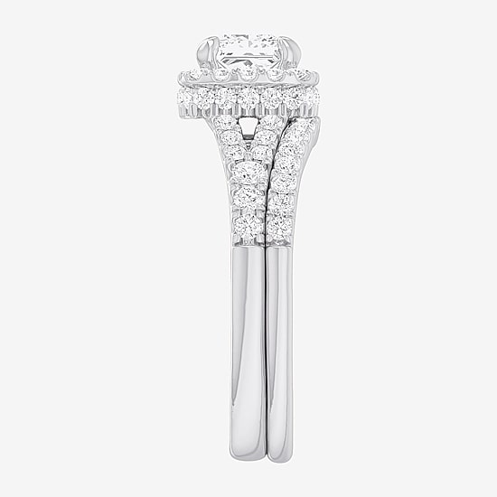 (G-H / Si1-Si2) Womens 1 3/8 CT. T.W. Lab Grown White Diamond 14K Gold Cushion Side Stone Halo Bridal Set