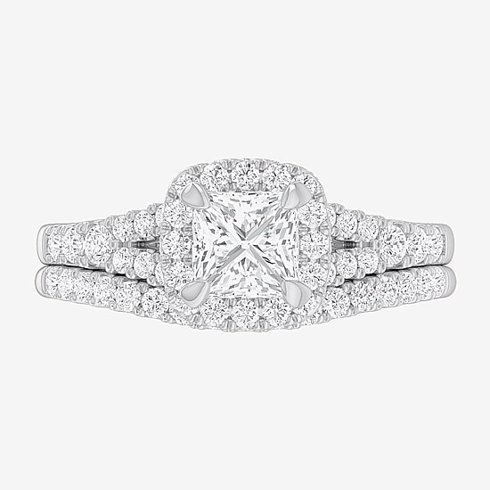 (G-H / Si1-Si2) Womens 1 3/8 CT. T.W. Lab Grown White Diamond 14K Gold Cushion Side Stone Halo Bridal Set