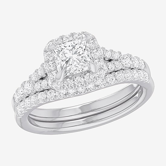 (G-H / Si1-Si2) Womens 1 3/8 CT. T.W. Lab Grown White Diamond 14K Gold Cushion Side Stone Halo Bridal Set